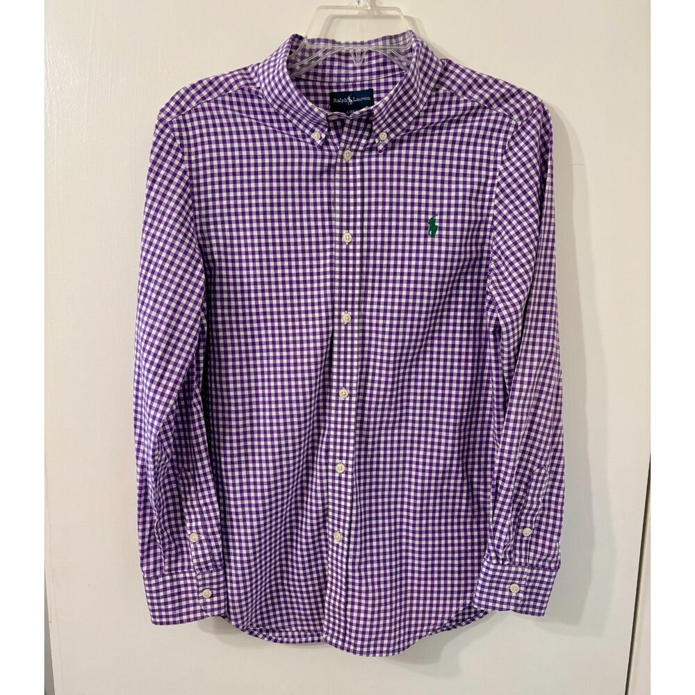 Ralph Lauren 100% Cotton Boys Size 14-16 Purple Gingham Button Down Collar Shirt